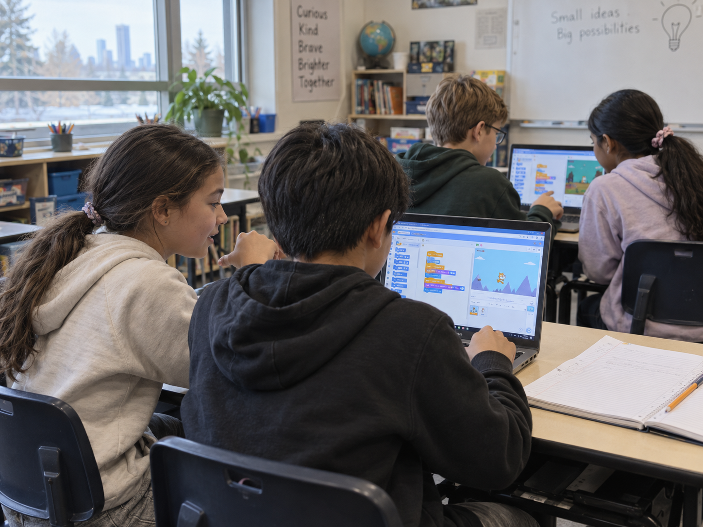 Illustrative scene of students working together on laptop coding projects